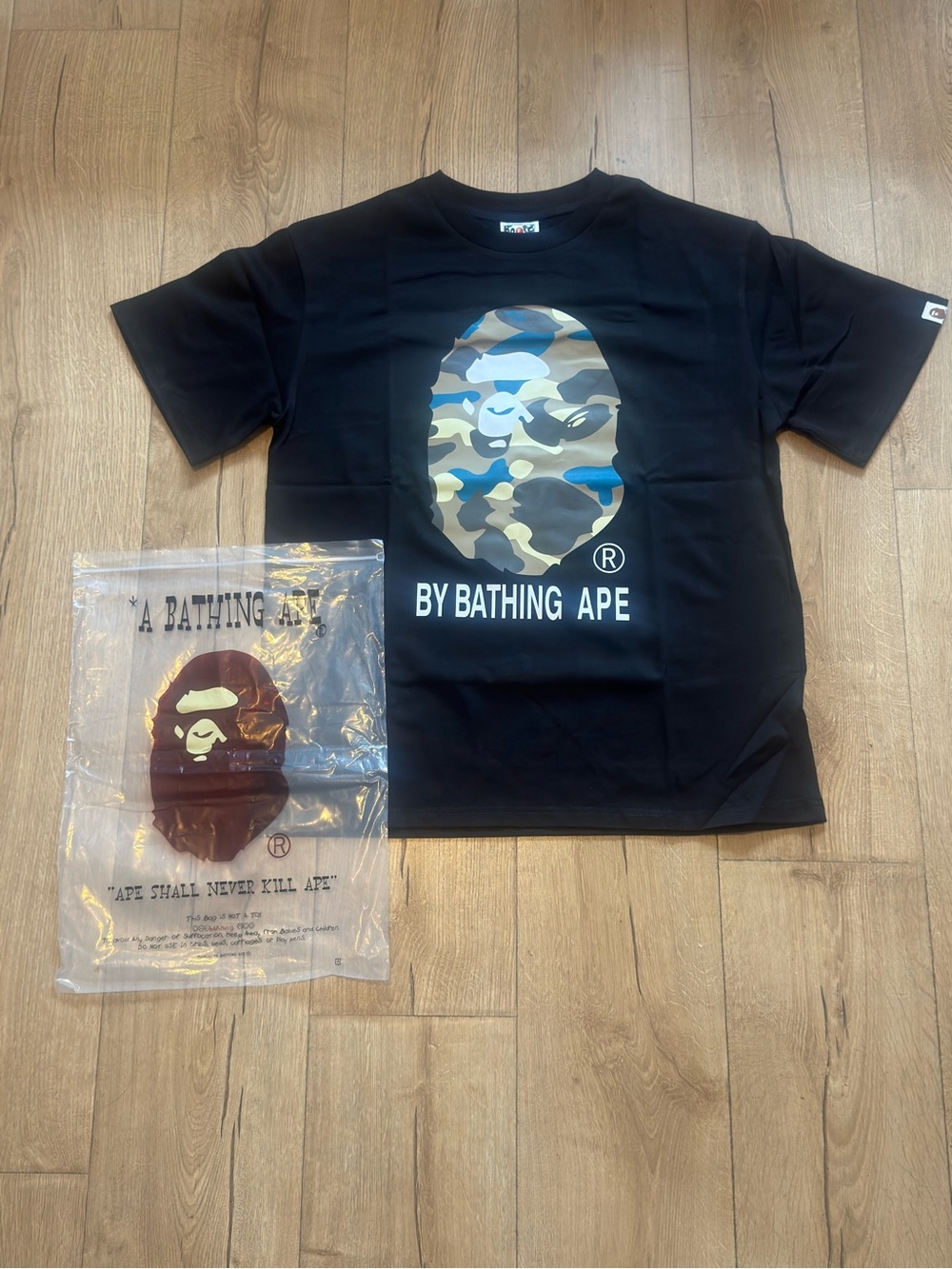 Bape Kids Black Tee with Blue and Tan Camo Ape Head